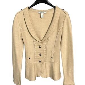 White House Black Market Cardigan Sweater Jacket Beige Wool Blend Ruffle Trim